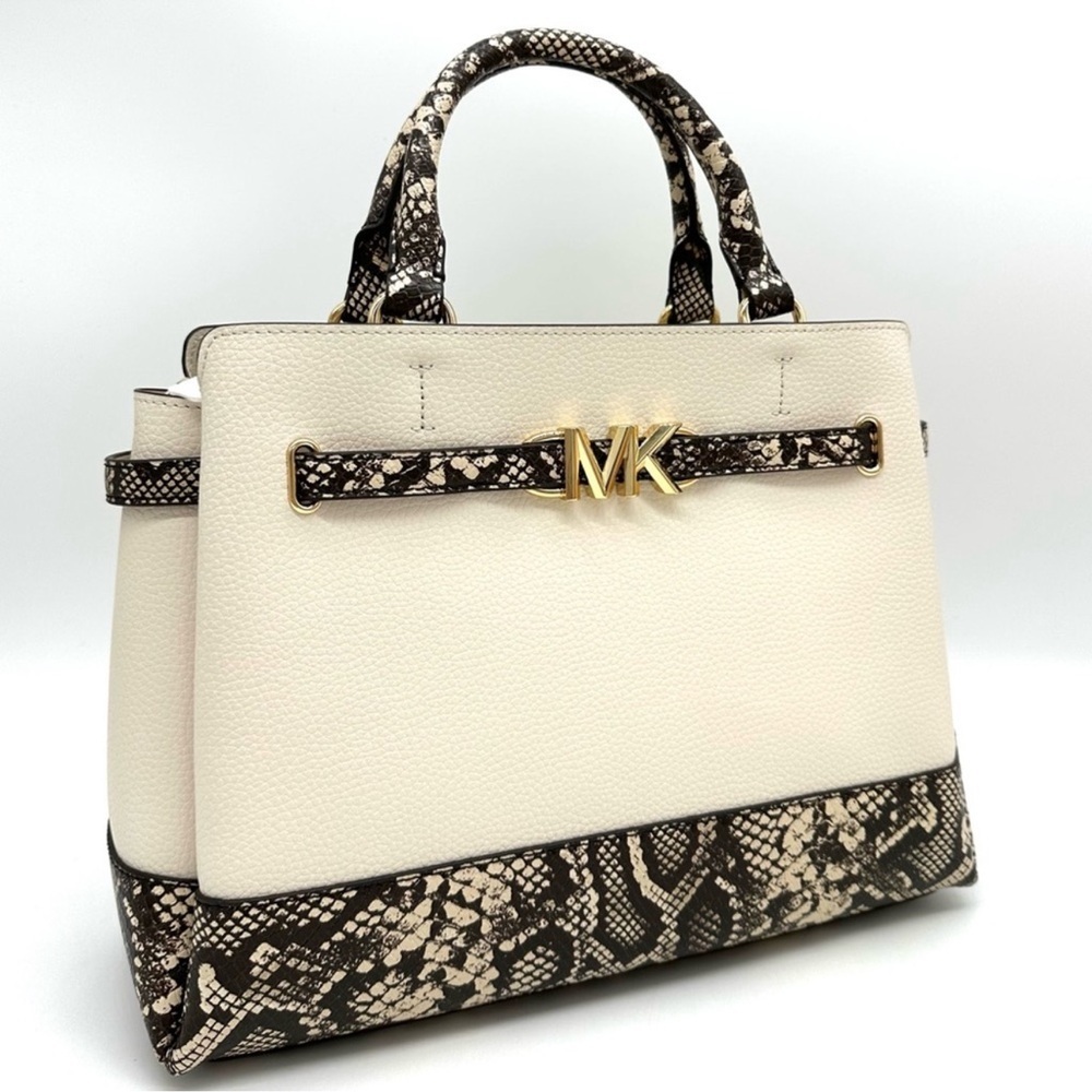 Michael Kors Large Reed Leather Belted Satchel Crossbody Bag Cream Snakeskin